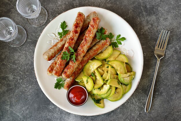 Grilled chicken sausages with zucchini salad