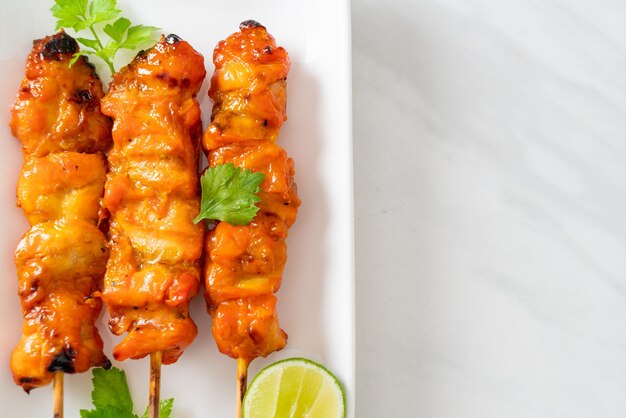 grilled chicken skewer with herbs and spices on plate