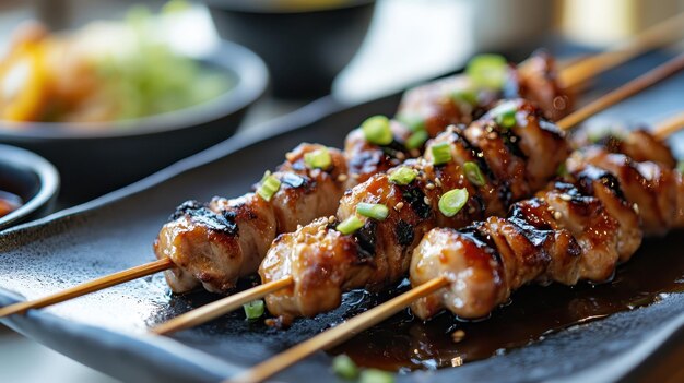 grilled chicken skewers on a plate japanese food