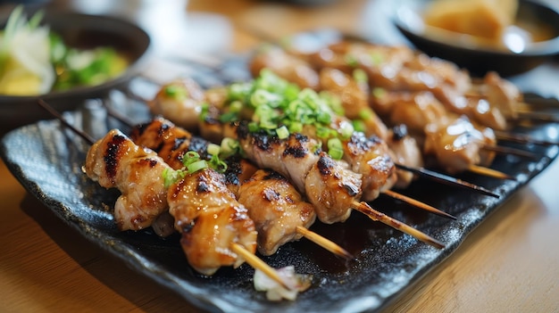 grilled chicken skewers on a plate japanese food