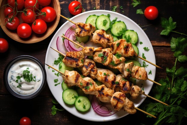 Photo grilled chicken skewers sprinkled with chopped fresh parsley