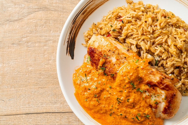 grilled chicken steak with red curry sauce and rice - muslim food style