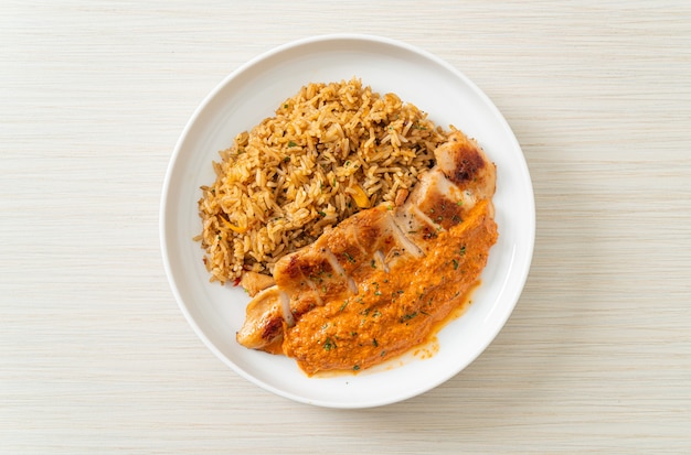 grilled chicken steak with red curry sauce and rice - muslim food style