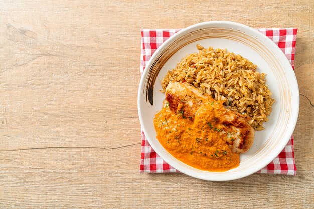 Grilled chicken steak with red curry sauce and rice