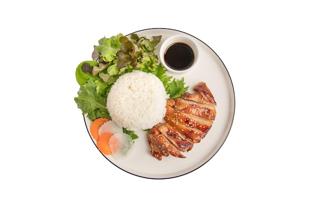 Photo grilled chicken teriyaki with rice on white background isolated