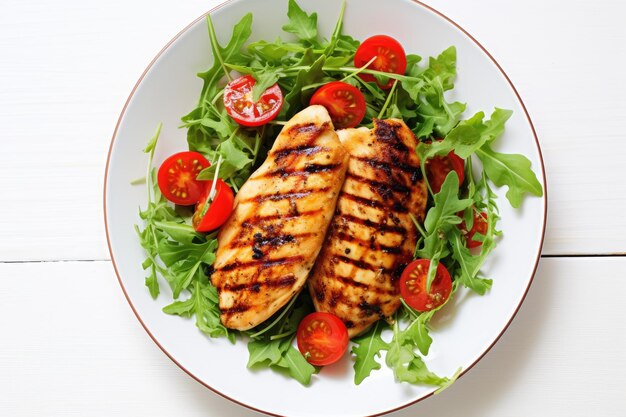 Grilled Chicken on Tomato and Arugula Salad with Fresh Mint Homemade Concept for Healthy Meal