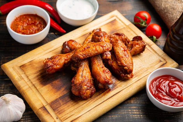 Grilled chicken wing on cutting board with tomato sauce, selective focus