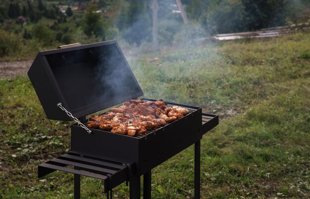 Ali di pollo alla griglia su barbecue all'aperto con spazio per la copia