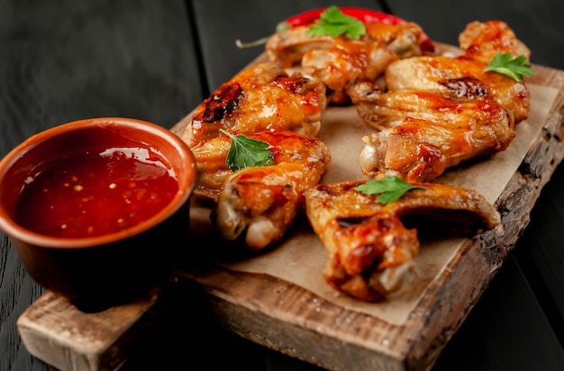 Grilled chicken wings in a barbecue sauce with parsley on a cutting board on wood background