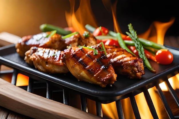 Grilled chicken wings on the flaming grill with grilled vegetables in barbecue sauce with pepper