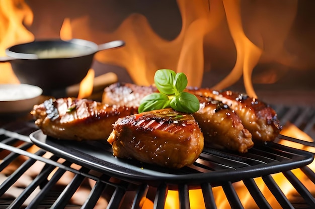 Grilled chicken wings on the flaming grill with grilled vegetables in barbecue sauce with pepper