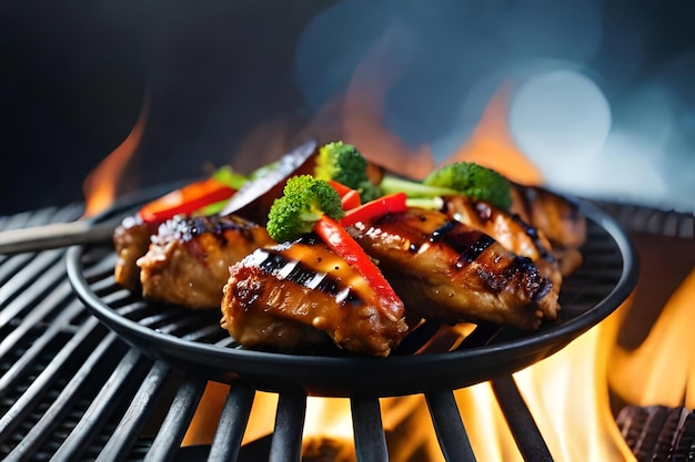 Grilled chicken wings on the flaming grill with grilled vegetables in barbecue sauce with pepper