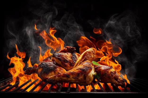 Grilled chicken wings on the grill with flames on a black background generative ai