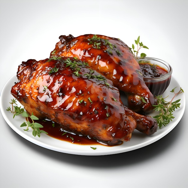 Grilled chicken wings with barbecue sauce and thyme on a white plate