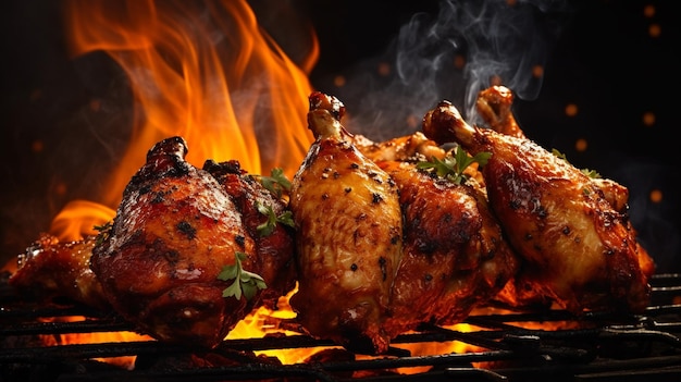 Photo grilled chicken wings with fire in the grill