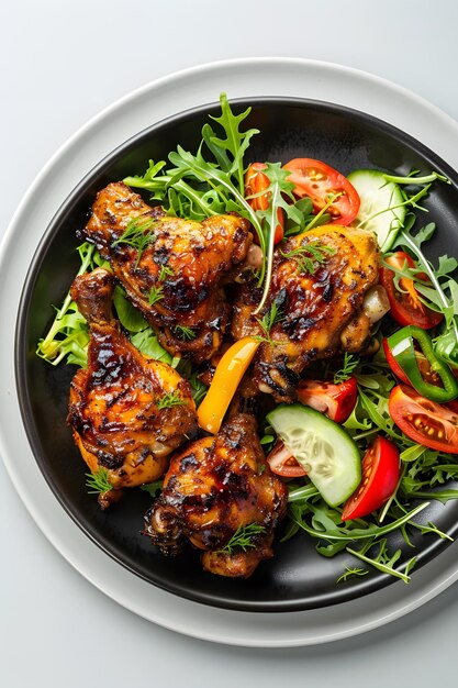 Grilled chicken wings with fresh vegetable salad on a white background