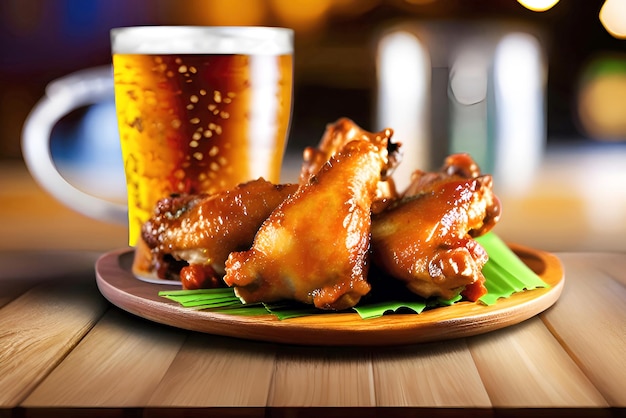 Foto ali di pollo alla griglia con un bicchiere di birra su un tavolo di legno