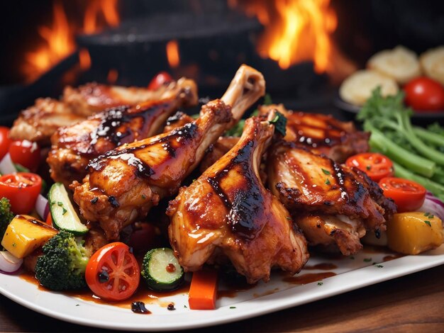 Grilled chicken wings with grilled vegetables in barbecue sauce with grilling chicken meat shashli