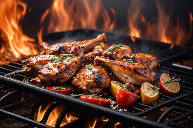 grilled chicken wings with grilled vegetables in barbecue sauce with grilling chicken meat shashli