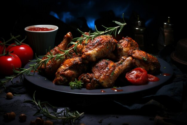 Grilled chicken wings with herbs and spices on a black background