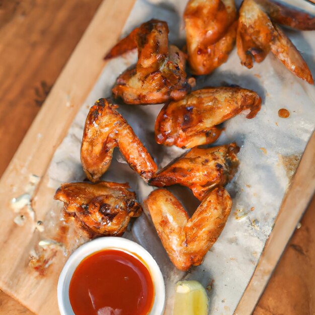 Grilled chicken wings with ketchup and sauces on a wooden board