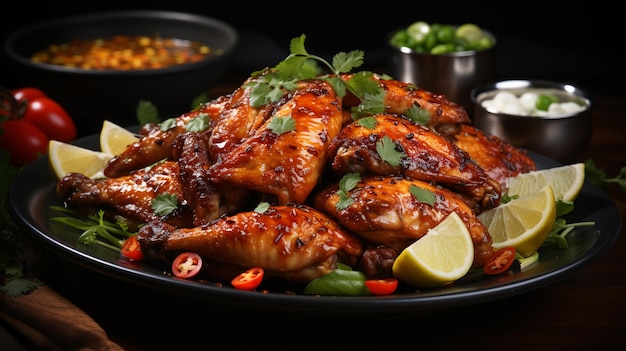 Grilled chicken wings with spicy sauce and lime on a white plategenerative ai