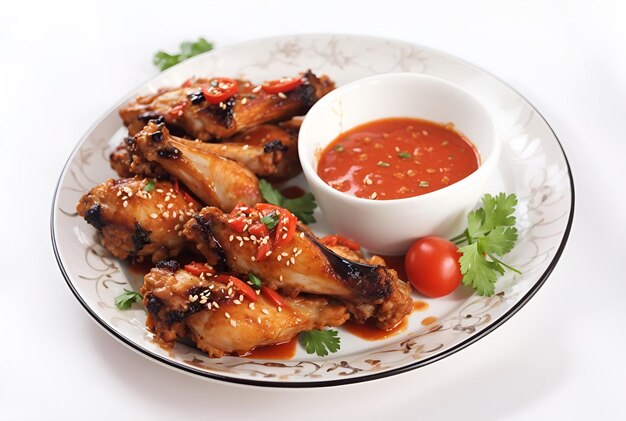 Grilled chicken wings with tomato sauce and parsley on white plate