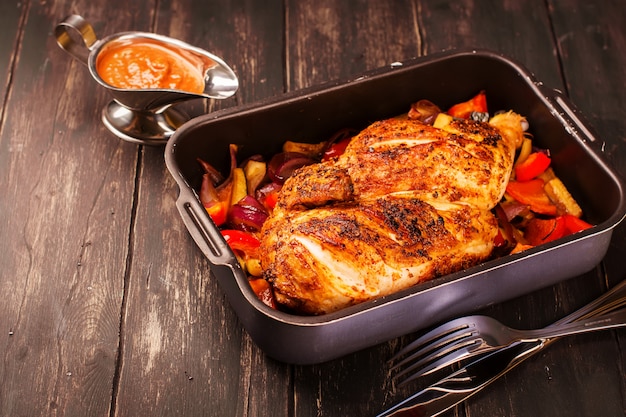 Grilled chicken with baked vegetables