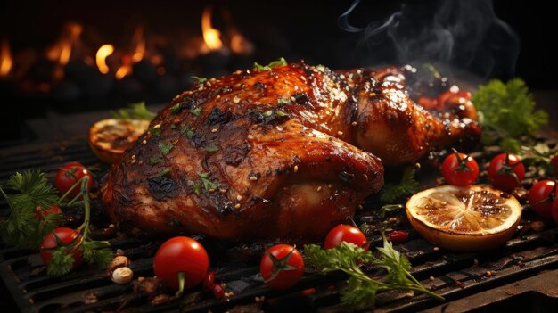 Photo grilled chicken with barbeque sauce on a black and blurred background