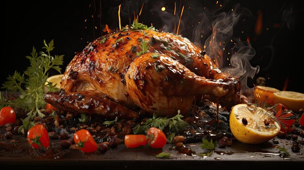 Photo grilled chicken with barbeque sauce on a black and blurred background