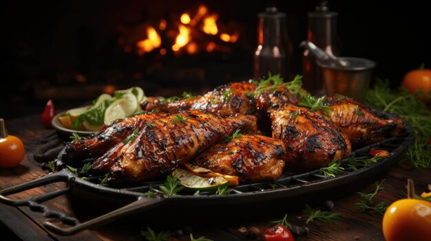 Grilled chicken with barbeque sauce on a black and blurred background