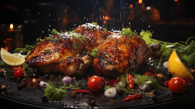 Grilled chicken with barbeque sauce on a black and blurred background