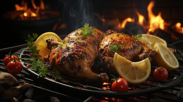 Grilled chicken with barbeque sauce on a black and blurred background