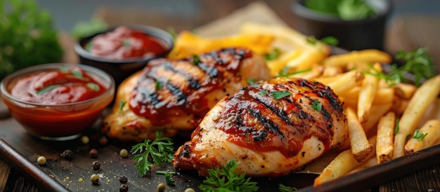 Grilled Chicken With French Fries and Ketchup on Plate