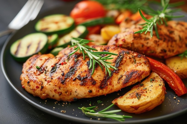 grilled chicken with vegetables on black plate