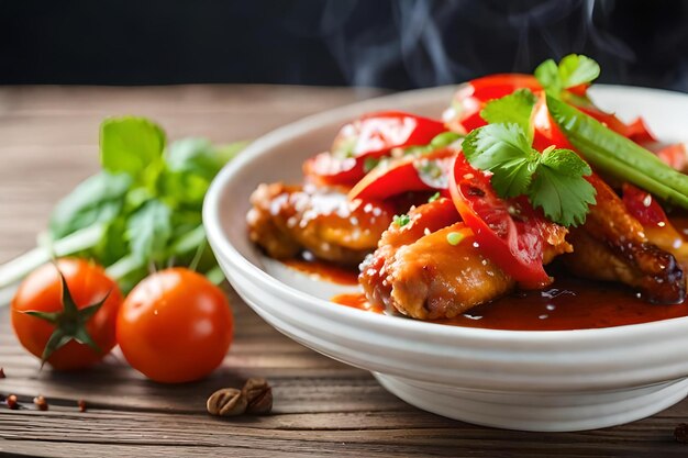 Photo grilled chicken with vegetables on a plate with a smoker and tomatoes.