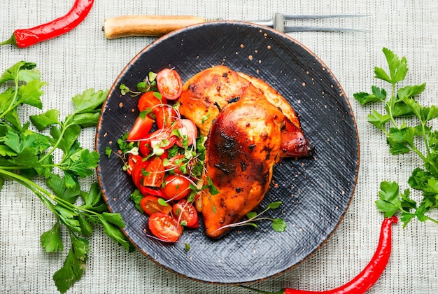 Grilled chicken with vegetables,top view