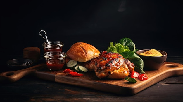 Grilled chicken on a wooden board garnished with sauce and greens on black chalkboard background Emmpty space for text Ai generated