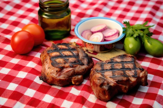 Grilled chops on red checkered picnic cloth with pickles and bread