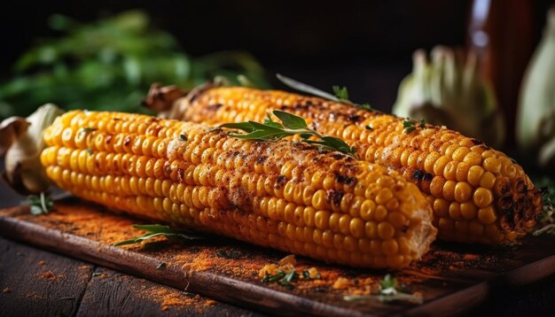 Photo grilled corn on the cob with herbs on a wooden board