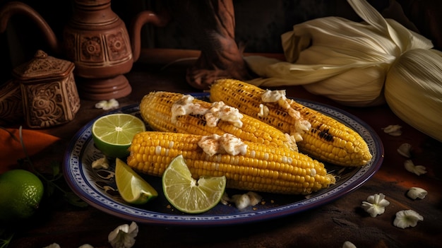 Photo grilled corn on the cob with limes on a plate