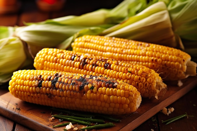 Grilled corn on cobs on wooden cutting board closeup