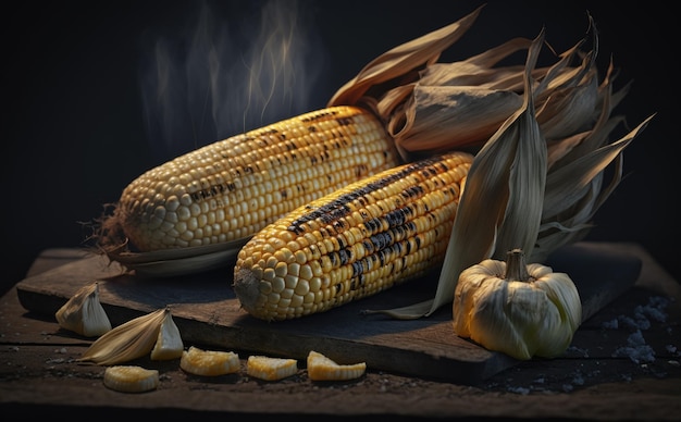 Grilled corn on the grill with a flame in the background. grill close-up bbq background ai generated