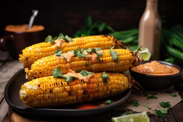 Grilled corn topped with spicy sriracha mayo and sprinkle of cilantro