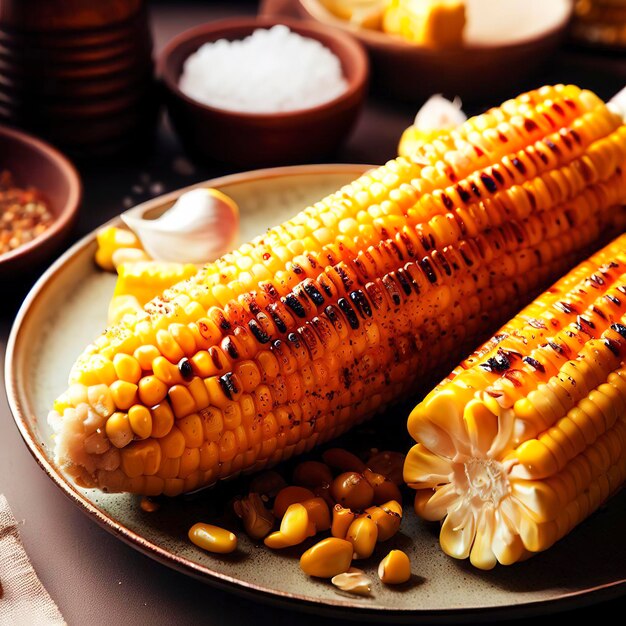 Grilled corn with spices butter and garlic on a plate on the table