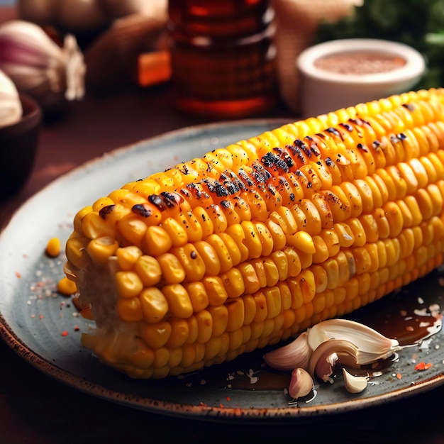 Grilled corn with spices butter and garlic on a plate on the table