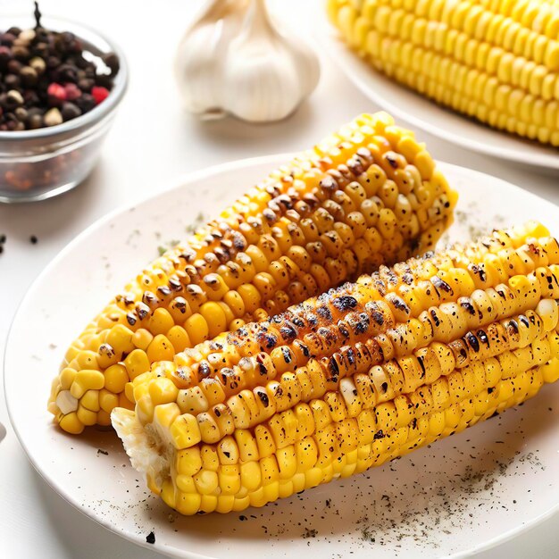 Grilled corn with spices butter and garlic on a plate on the white table