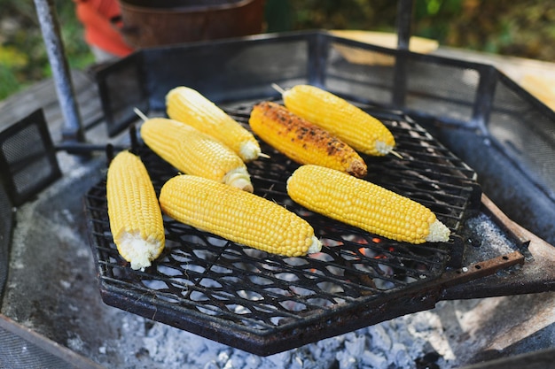 Жареные кукурузы на барбекю на горячей плите