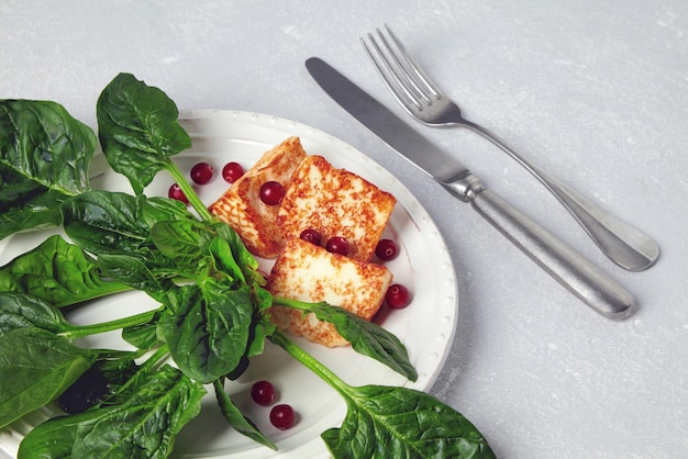 Grilled curd cheese mozzarella halloumi with green spinach and lingonberry cranberries on a gray concrete table