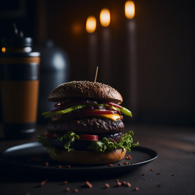 Grilled delicious beef burger with cheese and fries generative AI background